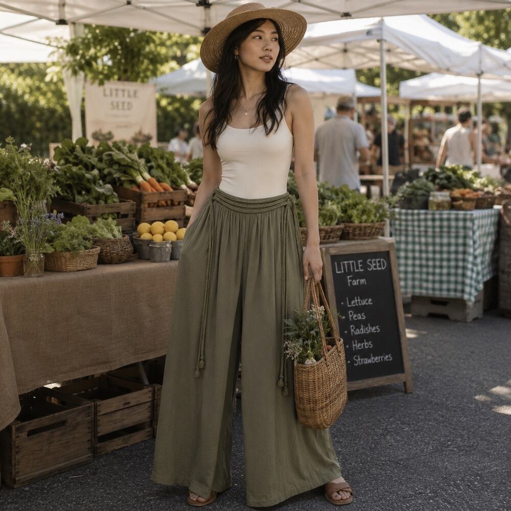 Pinka Olive Green Cotton Flowy Wide Leg Pants Women's S Effortless Resort Wear